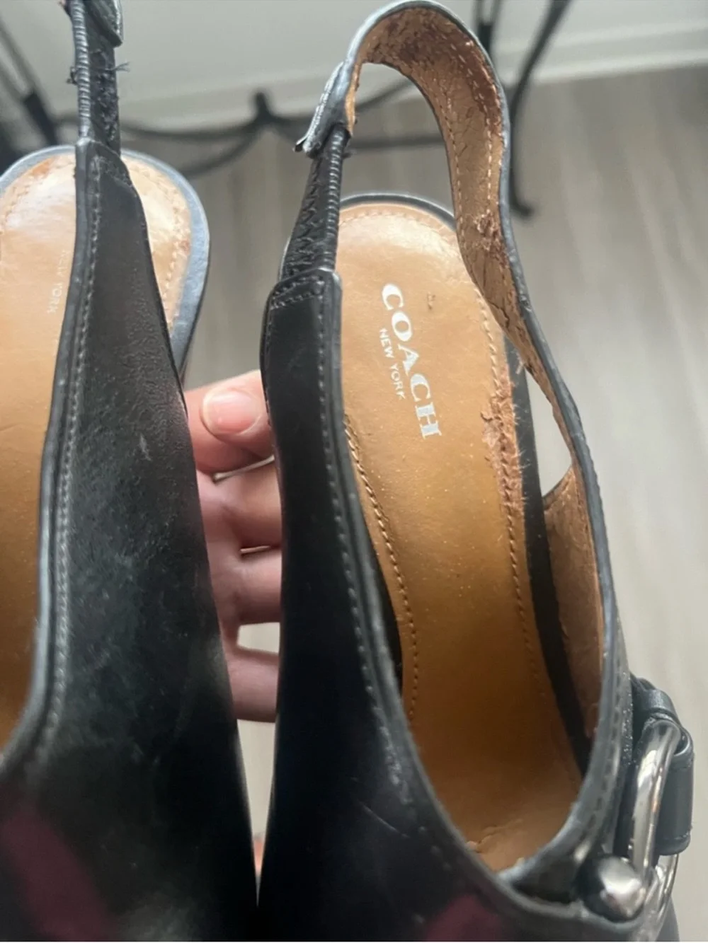 Coach Black Leather Horsebit Peep Toe Block Heel Slingback Sandals Women’s 9.5